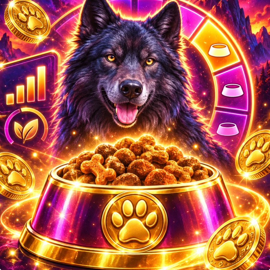 Kibbleworks key art: a dark wolf behind a glowing golden food bowl surrounded by paw-print coins